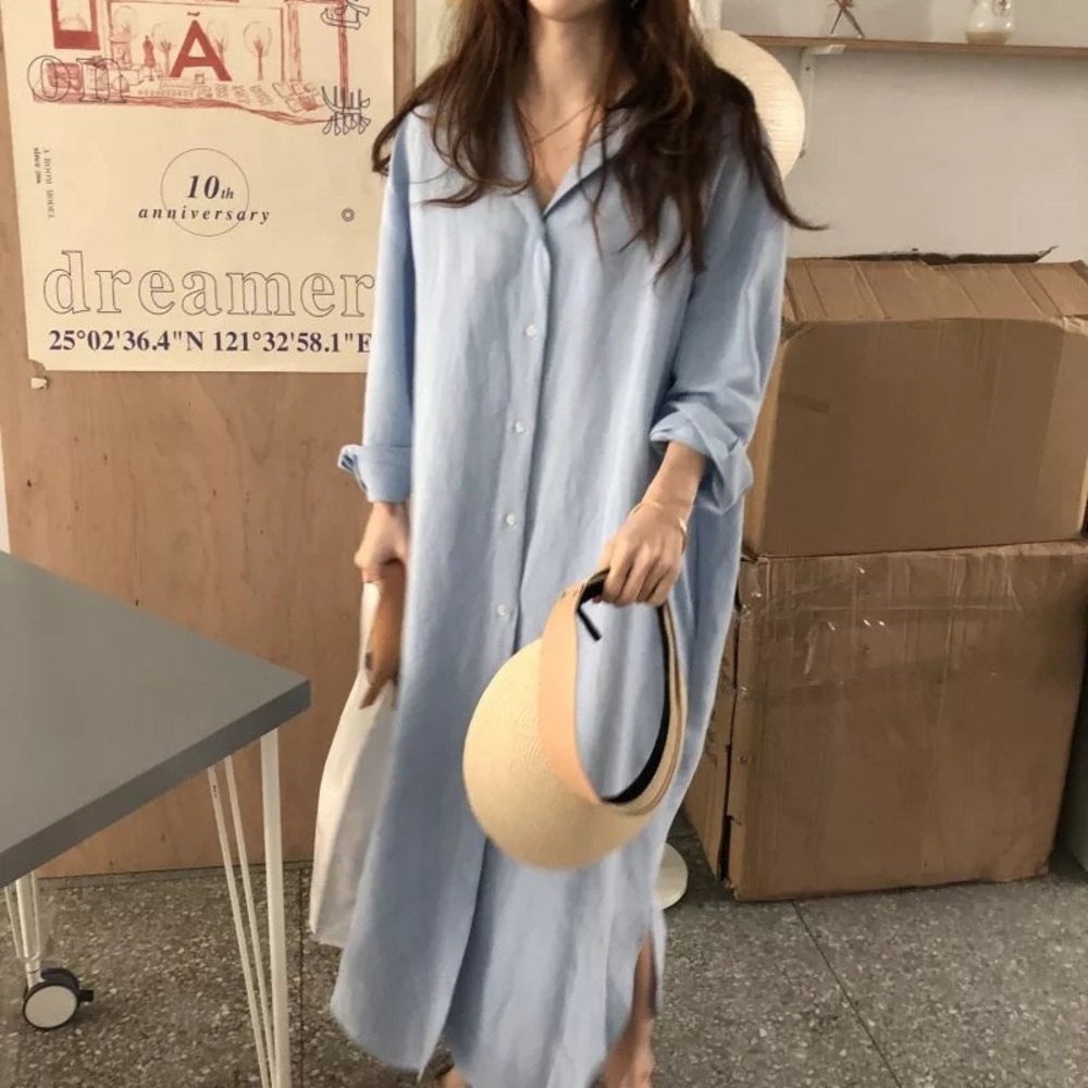 Shirt dress long women’s button collar top pockets white black - Picture 8 of 16